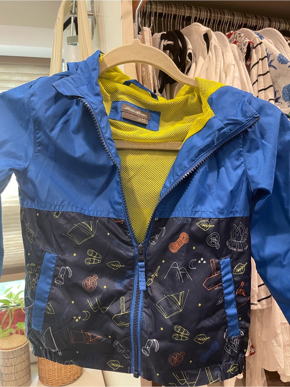 Eddie Bauer Boys Blue & Lime Adventure Print Rain Jacket